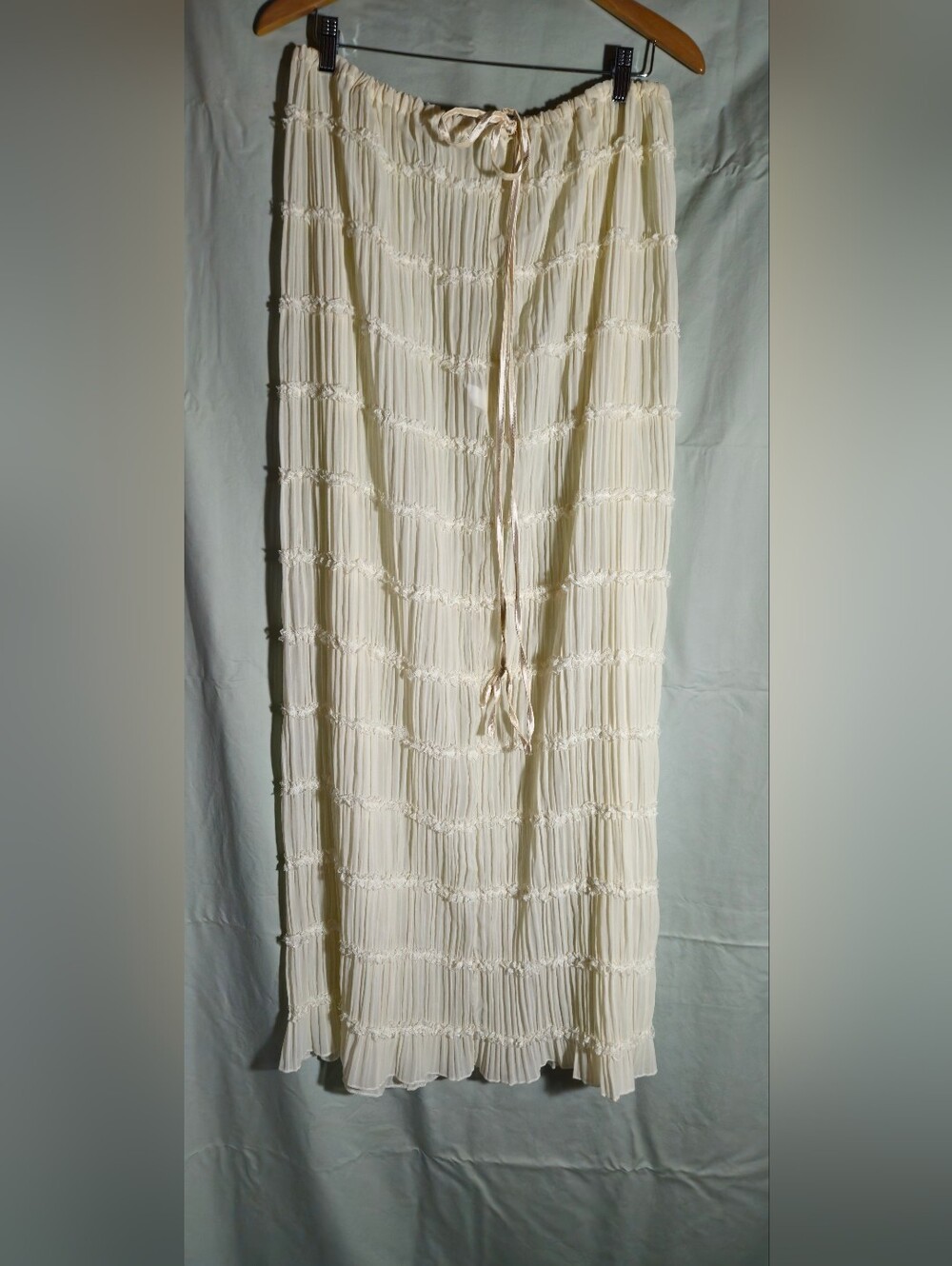 Women's Cream Pleated Maxi Skirt with Drawstring Waist